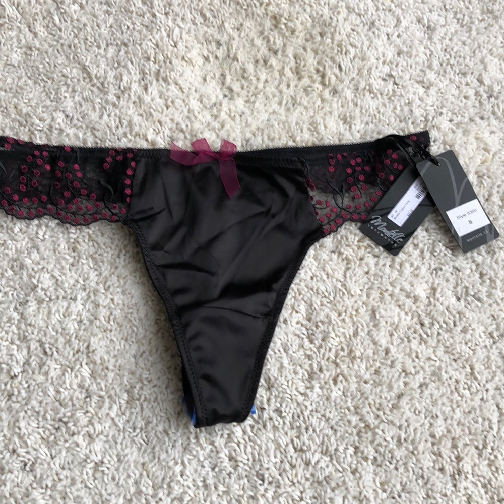 New with tags black satin and lace thong